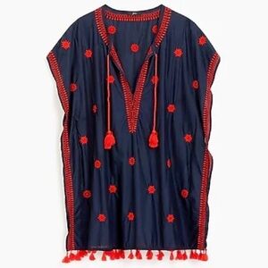 NWT J. Crew Navy Blue Red Embroidered Indian Cotton Beach Tunic Coverup Size XS